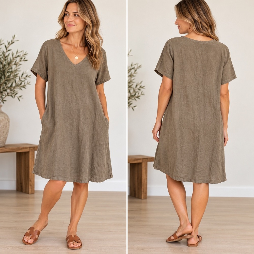 FLAX 100% Linen Midi Dress M Brown Olive V Neck Short Sleeve Lagenlook Pockets